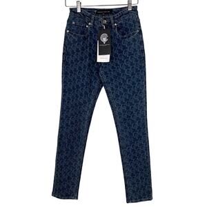 Crooks and Castles Mens Size 28/32 All Over Logo Print Blue Denim Jeans